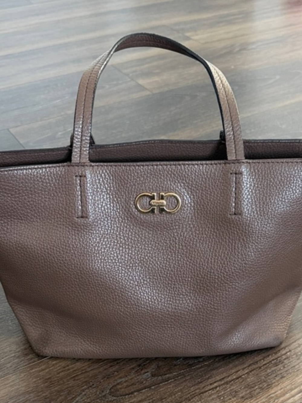 Salvatore Ferragamo Brown Pebbled Leather Tote with Gold Double-Gancini